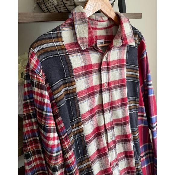 EUC Zara Men's Red and Black Plaid Flannel Button Down Shirt Shacket, Large - Picture 6 of 14
